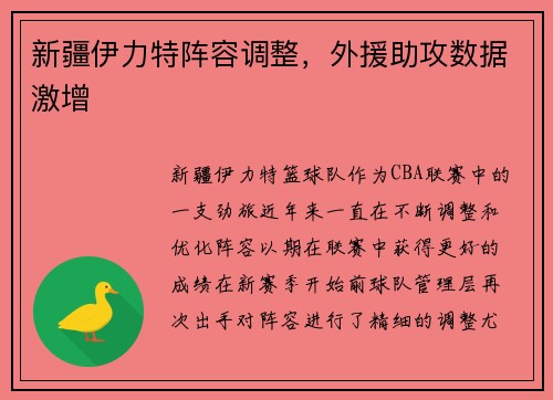 新疆伊力特阵容调整，外援助攻数据激增